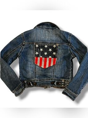 Girl Upcycled Old Navy Jean Jacket Sz Small 6-7 Embroidered Flag Patriotic F-6